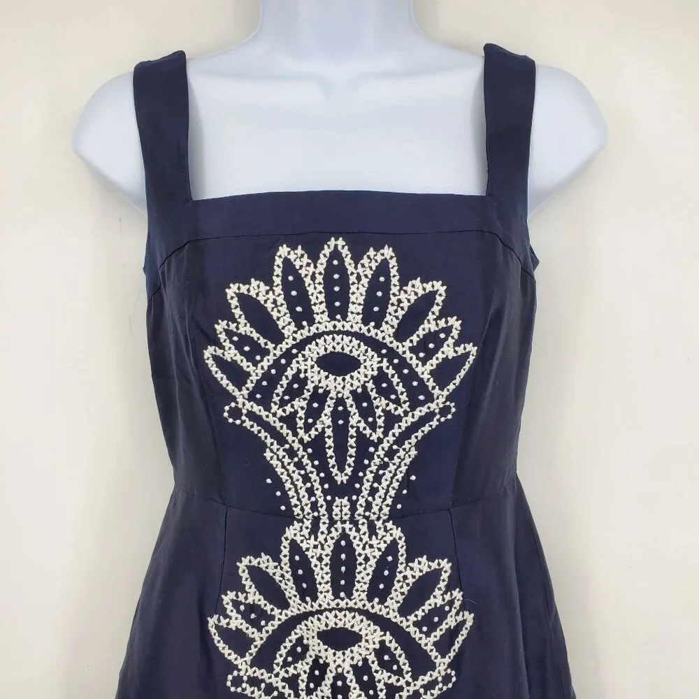 Tory Burch Navy‎ Lily Preppy Silk Quiet Luxury Fit & Flare Square Neck Dress 0